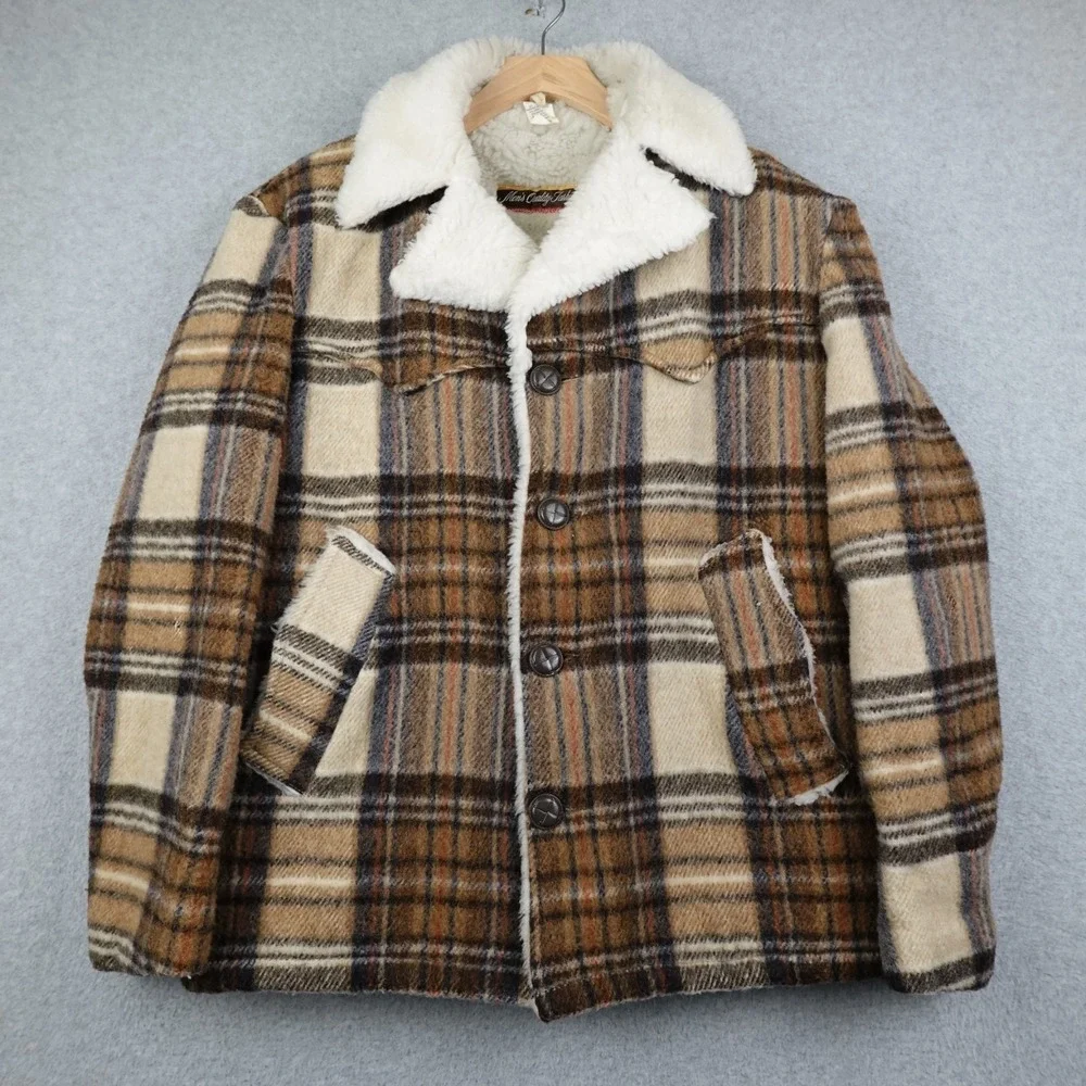 Vintage Montgomery Ward Wool Blend Jacket Mens Medium Plaid Sherpa Button 70s